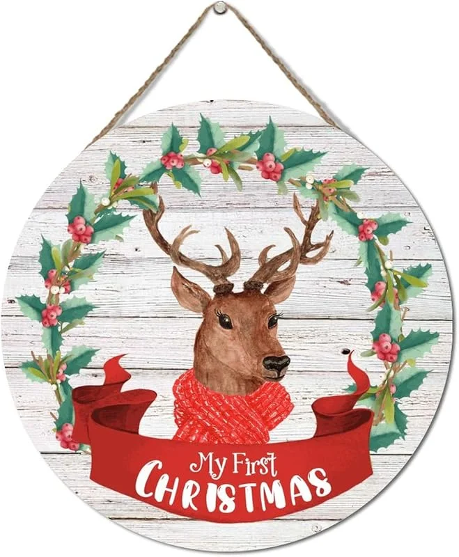 Marke: Wodevor Holzschild, Bauernhaus, Weihnachtsdekoration, Hängeschild, 30, 5 x 30, 5 cm, Weihnachtskranz, Tier, Hirsch, mein erstes Weihnachten, Holzschild, rustikale Holzschilder, Küchendekoration, rustikale