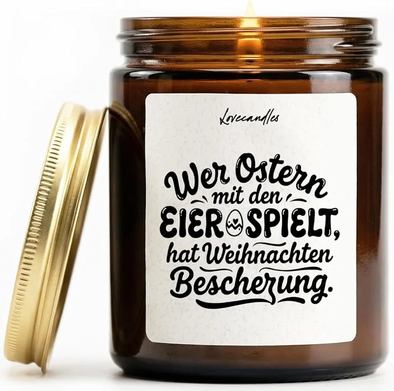 Marke: Lovecandles Wer Ostern mit den Eiern spielt, hat Weihnachten die Bescherung - Duftkerze mit Spruch als Geschenk für Ostern & Weihnachten, für Freundin, Freund und Freunde, Lustige Vanilleduft Kerze im Glas — Kerzenlicht Abendessen