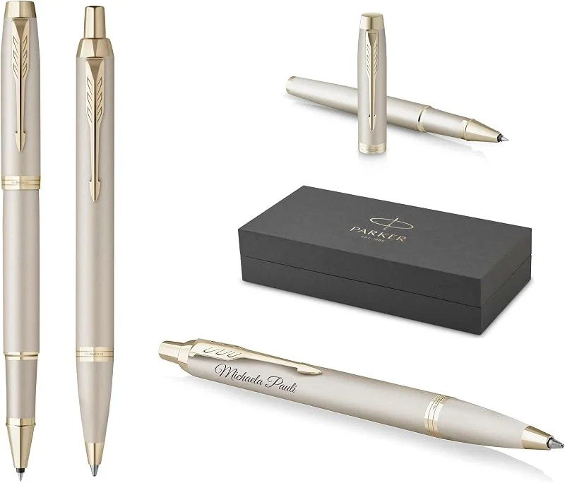 PARKER Schreibset IM Professionals Monochrome Kugelschreiber und Tintenroller mit Gravur, Premium Stift, Geschenkbox, personalisiert, graviert, Jahrestag, Geburtstag (Champagne) — Geschenkverpackung