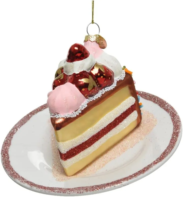 Marke: Kaemingk Kaemingk Christbaumschmuck Glas 12, 5cm Erdbeer Torte auf Teller Weihnachtskugeln weiß rot — Weihnachtsdeko