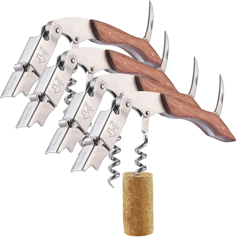 Besuche den Rosenstein & Söhne-Store Rosenstein & Söhne Wein-Zubehör: 4er-Set Edelstahl-Kellnermesser und -Korkenzieher mit Rosenholz-Griff (Flaschenöffner mit Holzgriffen, Korkenzieher mit Hebelmechanismus) — Wein und Festtafel