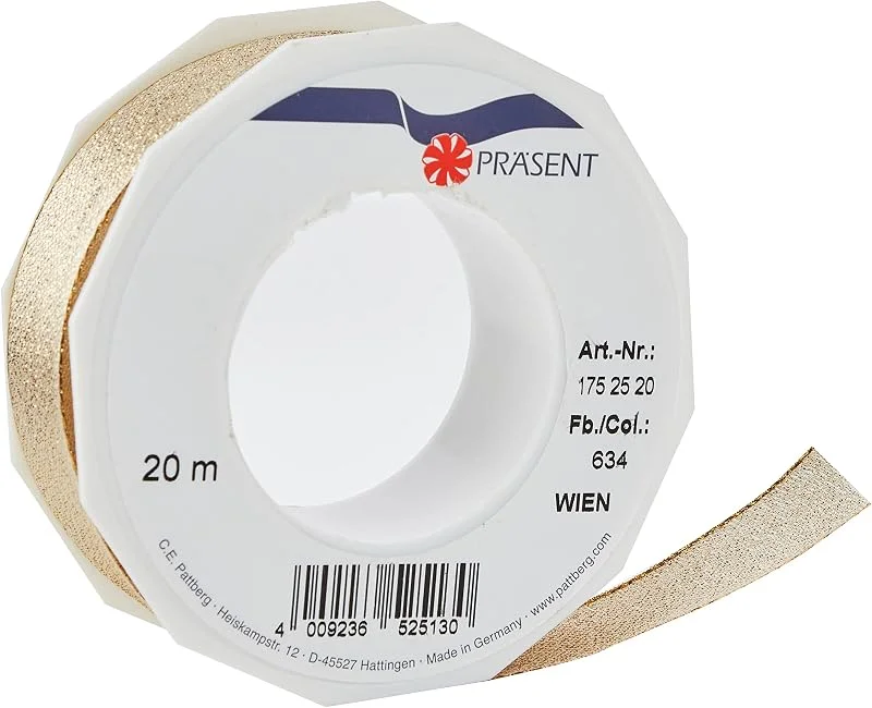 Besuche den PRÄSENT-Store Präsent C.E. Pattberg Wien Geschenkband Gold, 20 m Geschenkband zum Einpacken, 25 mm Breite, Zubehör zum Dekorieren & Basteln, Dekoband für Geschenke — Geschenkverpackung