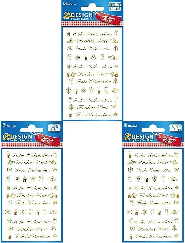 Besuche den AVERY Zweckform-Store AVERY Zweckform 44 Aufkleber Weihnachten Schriftzüge gold (Weihnachtssticker transparente Folie, selbstklebende Weihnachtsdeko Karten, Tüten) 2 Bogen, je 22 Sticker, Goldene Weihnachtsschriftzüge, 52391 — Geschenkverpackung