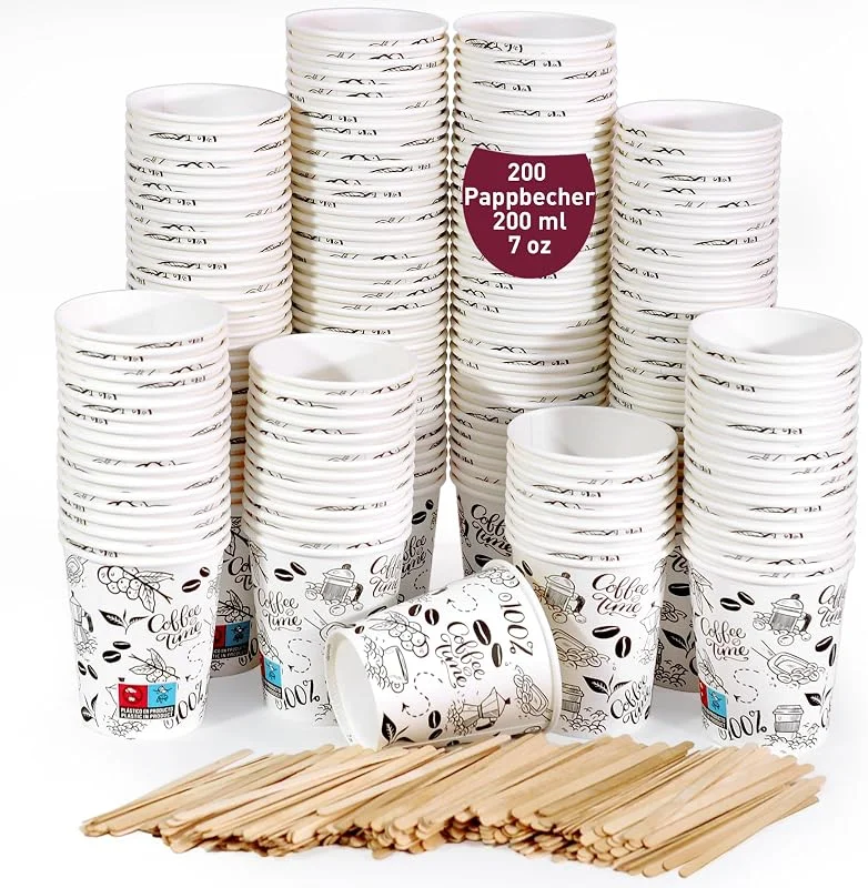 Marke: gobecups 200 Kaffeebecher Einweg Pappbecher 200ml Weiß mit Rührstäbchen — Wein und Festtafel