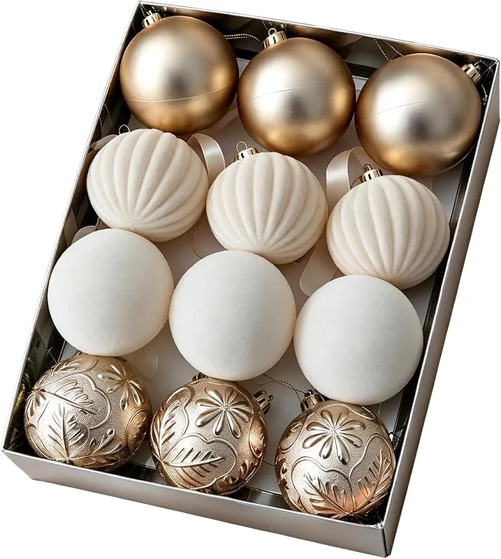 Marke: Faticenic 12er-Pack Weihnachtsbaumschmuck-Set, galvanisierte Beflockung, bruchsichere Weihnachtsornamente, Samt, Retro-Weihnachtsdekoration, 6, 9 cm, Beige