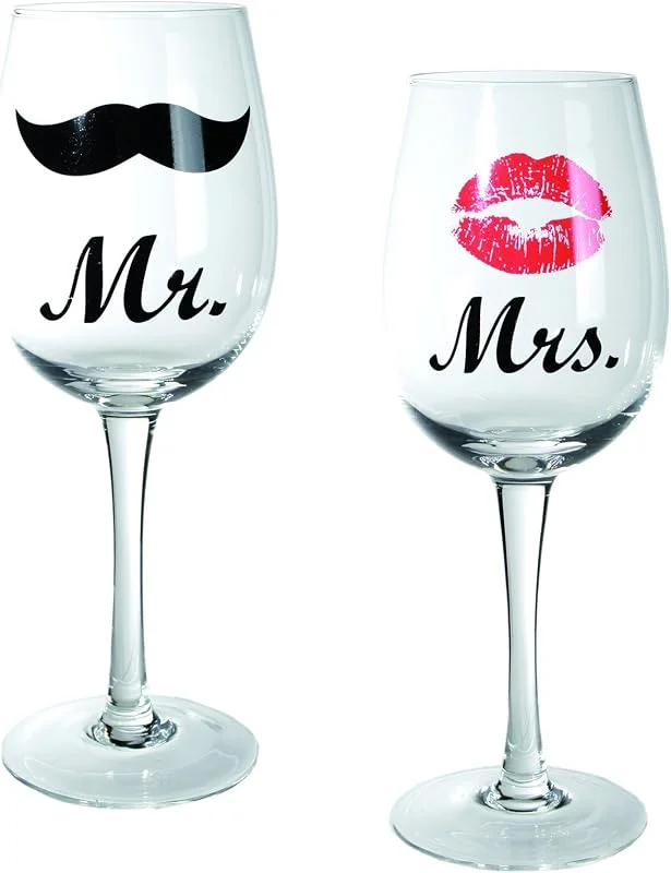 Marke: Out of the blue Out of the blue Weinglas mit Kussmund & Schnurrbartdekor, Mr und Mrs, circa 430 ml, Höhe 22, 5 cm, 2-er Set in PVC-Box, Transparent — Wein und Festtafel