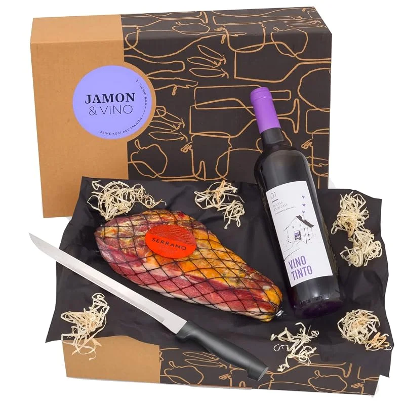 Besuche den jamon.de-Store Präsentkorb Jamón & Vino, Serrano Schinken und Rotwein Geschenk-Set — Wein und Festtafel
