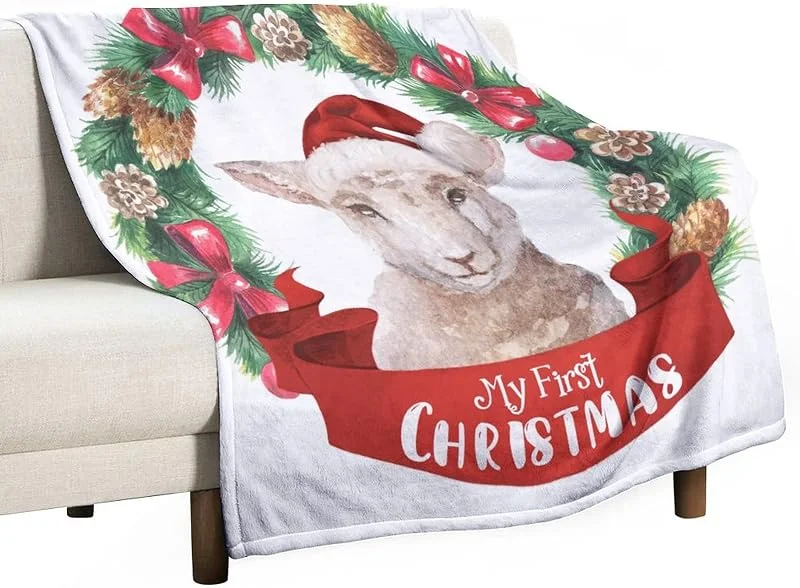 Marke: Generic Warme Decke Weihnachtskranz Tier Schaf My First Christmas Decke Fleece-Überwurf für Sofa Bett Reise Autodecke Frohe Xmas Mottoparty Weich und Bequem Überwurf Decke Flauschige Decke 130 x 150 cm — Weihnachtsdeko