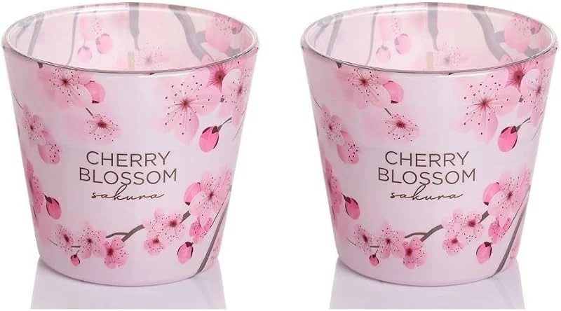 Besuche den Dekohelden24-Store Dekohelden24 Duftkerze, Windlicht, Kerze im Glas - 2 Fach Sortiert, Duftrichtung Cherry Blossom Sakura und Cherry Blossom Sakura pink Blush, L, B, H 8 x 8 x 8 cm, 115g — Kerzenlicht Abendessen