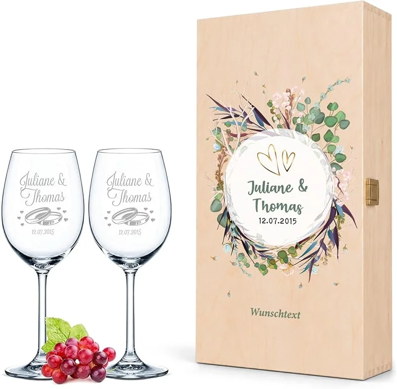 Besuche den GRAVURZEILE-Store GRAVURZEILE Rotweingläser mit Gravur - Flower Wedding - inkl. Holzkiste — Wein und Festtafel