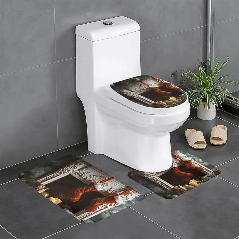 Marke: HJTRW Badematten-Set, Weihnachtsstrumpf, Geschenk, 3-teilig, rutschfest, saugfähig, Badezimmerteppich, WC-Sitzdeckel, U-förmige WC-Konturmatte für Schlafzimmer, WC, Badezimmer-Dekorationen — Weihnachtsdeko