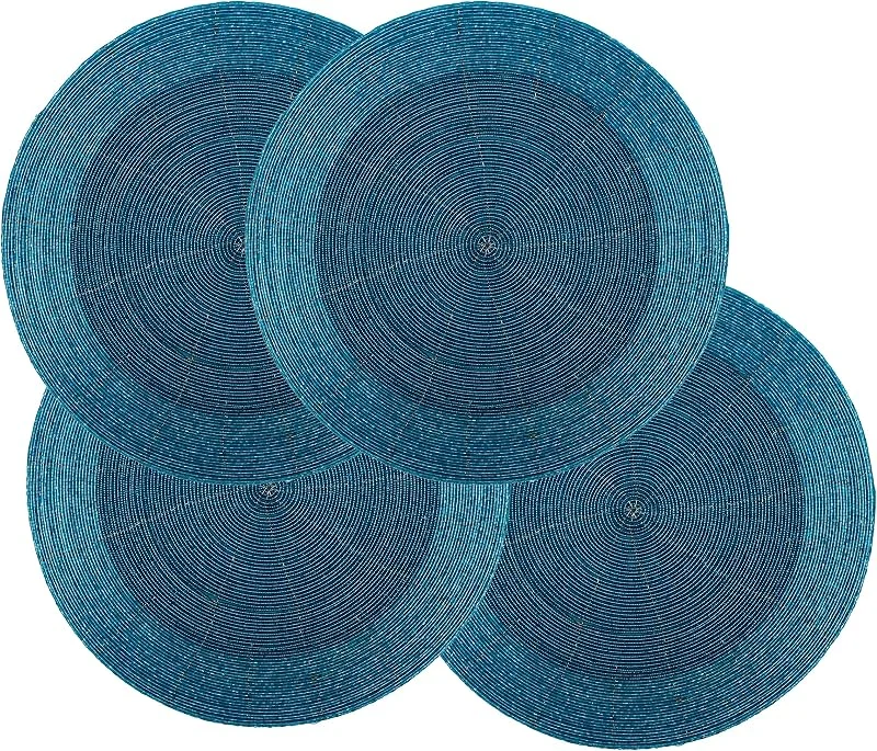 Marke: Homebia Designs Handgefertigtes, rundes Tischset mit Bauernhaus-Perlen für den Esstisch, 4 Stück, rund, handperlenbesetzt, Ladegerät, Türkisblau, 33 cm — Küche & Haushalt