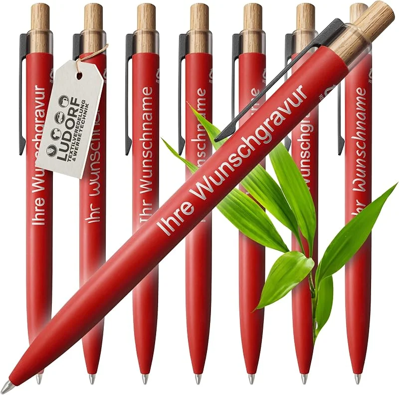 Besuche den #teamludorf-Store 25x Aluminium Kugelschreiber mit Lasergravur - Metallclip, Bambusdrücker, blau schreibend - personalisiertes Werbegeschenk, Farbe:Rot, Menge:25 Stück — Wein und Festtafel