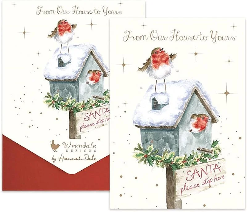 Marke: Wrendale Designs Wrendale - AXNCP023 - Kartenset, Weihnachten, 8 Klappkarten mit Umschlag, From Our House to Yours, 15cm x 10, 5cm, Santa please stop here — Geschenkverpackung