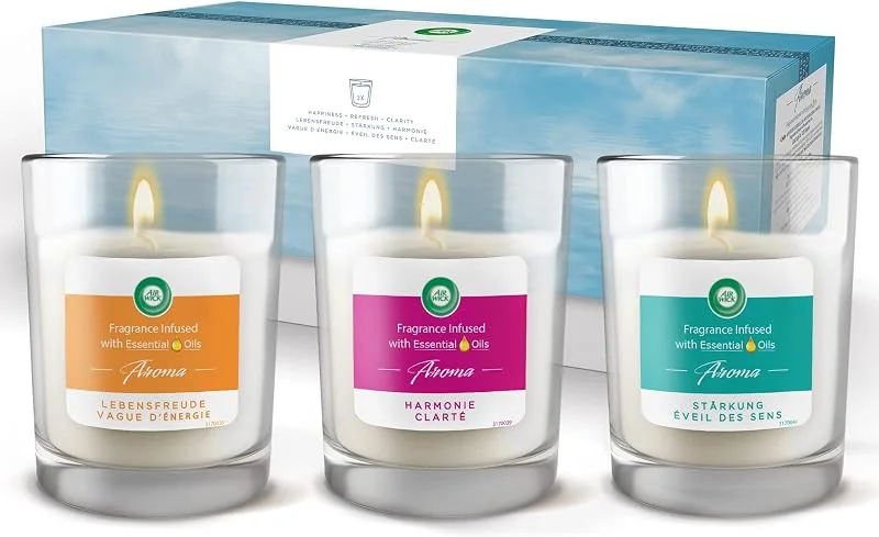 Besuche den Air Wick-Store Air Wick Aroma-Duftkerzen Geschenkset – Düfte für Wellness und Entspannung mit natürlichen ätherischen Ölen – 3 x Duftkerzen im Glas in schöner Geschenkbox — Kerzenlicht Abendessen