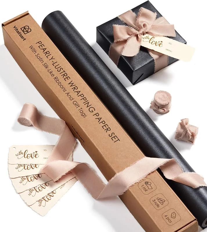 Besuche den Vitalizart-Store Vitalizart 43 cm x 5 m Schwarzes Geschenkpapier mit Nacktes Geschenkband — Geschenkverpackung