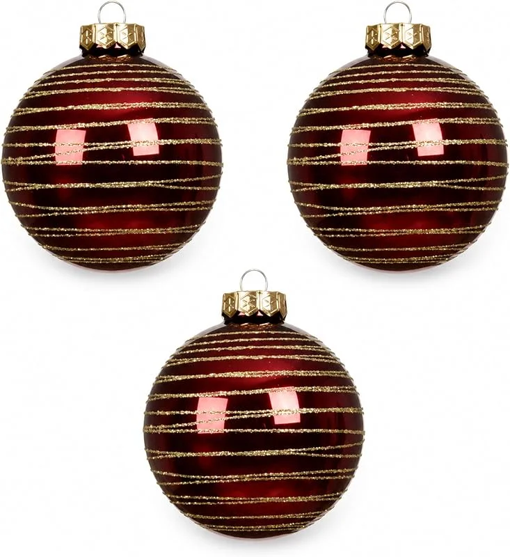 Marke: Decoris Weihnachtskugeln Glas 8cm mit Streifenmuster 3er Set - Rot, Ochsenblut — Weihnachtsdeko