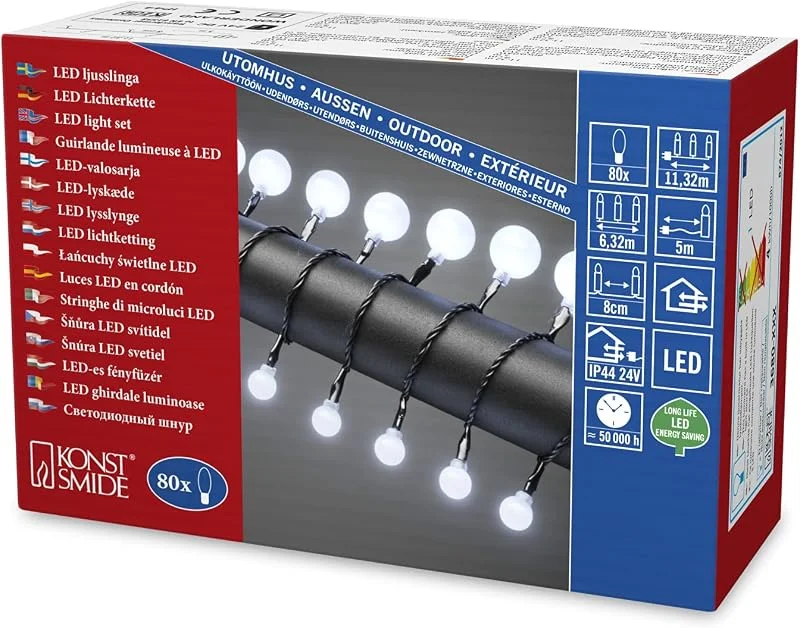 Besuche den Konstsmide-Store Konstsmide LED Globelichterkette, kleine & große runde Dioden, 80 kalt weiße Dioden, 24V Außentrafo, schwarzes Kabel - 3680-207 — Weihnachtsbeleuchtung