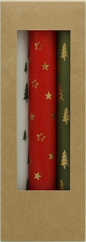 Besuche den DONAU HOME-Store SET Weihnachts-Stabkerzen, Tafelkerzen, 3 Stück, Ø 2, 2 × 17, 5cm, Weiß, Rot, Grün, zur Motiv Weihnachtsbäume und Sterne — Kerzenlicht Abendessen