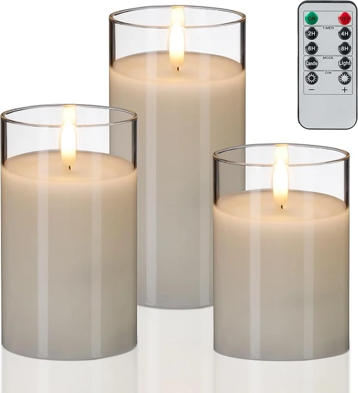 Besuche den Relaxdays-Store Relaxdays LED Kerzen im Glas, 3er Set, Fernbedienung, Timer & flackernde Flamme, Echtwachs, flammenlos, Farbwahl — Kerzenlicht Abendessen