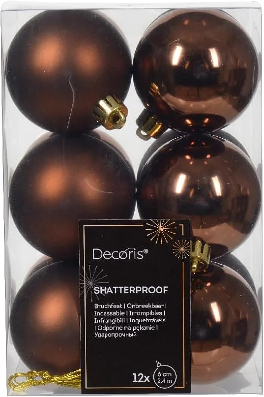 Marke: Kaemingk Weihnachtskugeln Kunststoff 6cm x 12 Stück Christbaumkugeln Set bruchsicher Espressobraun lederbraun - Schokobraun - kastanienbraun - kupferbraun - Zimt — Weihnachtsdeko