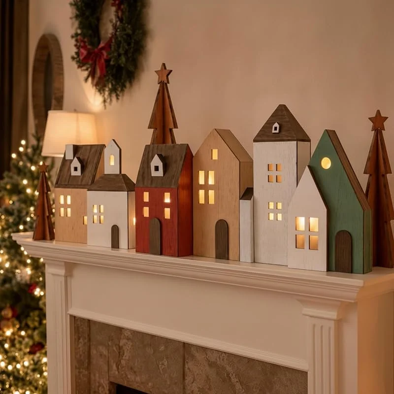 Marke: Thyle Thyle 9-teiliges beleuchtetes Weihnachtsdorf-Set aus Holz — Weihnachtsdeko