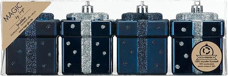 Besuche den Inge-glas-Store Christbaumschmuck Geschenkbox 6cm Kunststoff 4er Set - bruchsicher & mit Glitzer - Kleine Christbaumkugeln für Weihnachtsbaum - Weihnachtsbaumkugeln & Weihnachtsbaumschmuck Blau - Night Blue — Weihnachtsdeko