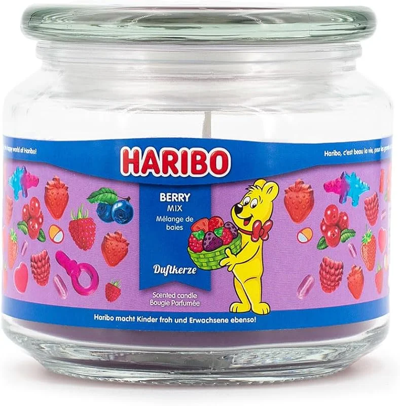 Marke: HARIBO Haribo Duftkerze im Glas mit Deckel, Berry Mix (300g), Duftkerze Fruchtig, Kerze lange Brenndauer bis 60h, Kerzen Rot, Geschenkidee für Frauen, Geburtstag — Kerzenlicht Abendessen