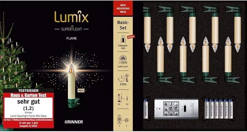 Besuche den Lumix-Store KRINNER Lumix LED kabellose Weihnachtsbaum Christbaumkerzen SuperLight Flame 12er Basis-Set, Kunststoff, Warmweiß inkl. Fernbedienung Timer Elfenbein 9cm 77122 — Weihnachtsbeleuchtung