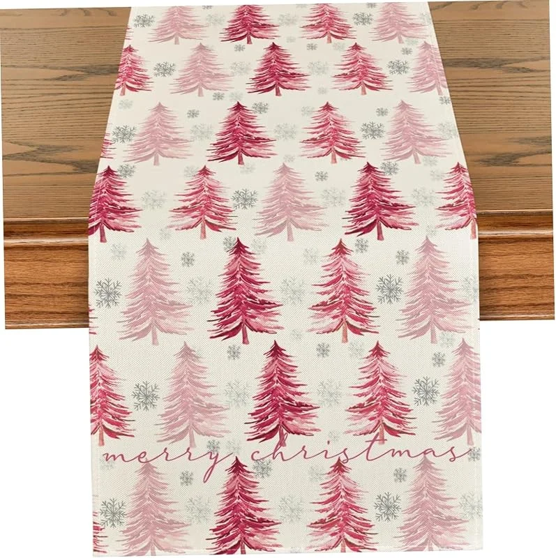Marke: Ameble Weihnachts-Tischläufer, 33 x 183 cm, weiches Leinen, Baummuster, Weihnachts-Tischsets, saisonale Winterküche, Esstischdekoration für Zuhause, Party, Läufer, Läufer für — Küche & Haushalt
