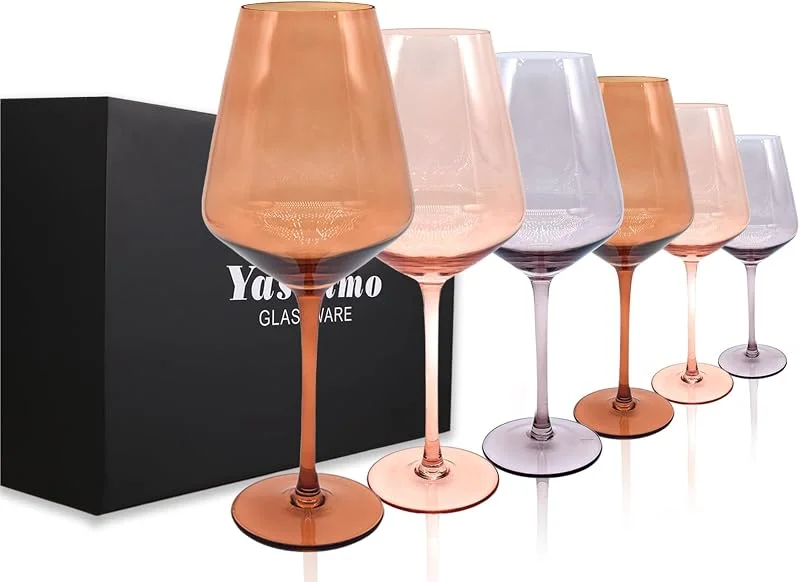 Marke: Yaschmo Farbige Weingläser, 6 Stück, 553 ml, Bernstein-Weingläser, braune, bunte große Gläser mit langem Stiel, mundgeblasen, ideales Geschenk für den täglichen Gebrauch, besondere Anlässe, Hochzeit — Wein und Festtafel