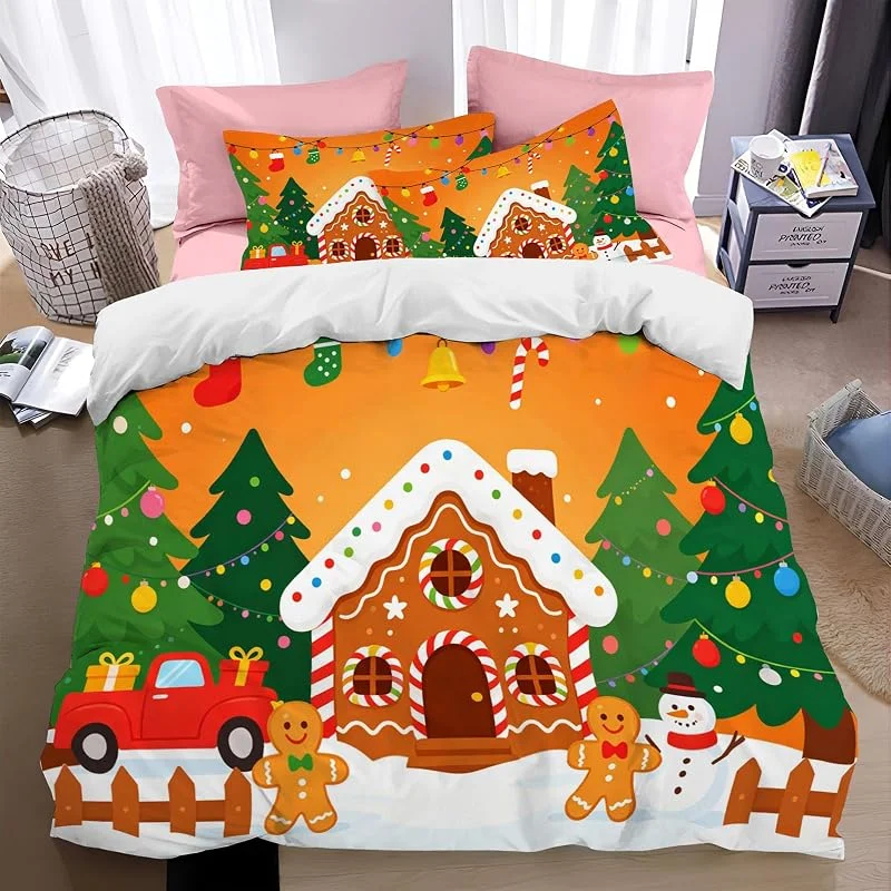 Marke: WunM Studio Bettwäsche 155x220cm Gebranntes Orange Buntes Lebkuchenhaus aus Zuckerperlen Bettbezug, 2 Kissenbezug 80x80cm, Bettwäsche-Sets, Microfaser, Hängende Weihnachtsstrümpfe Bettwäsche mit Reißverschluss — Weihnachtsdeko