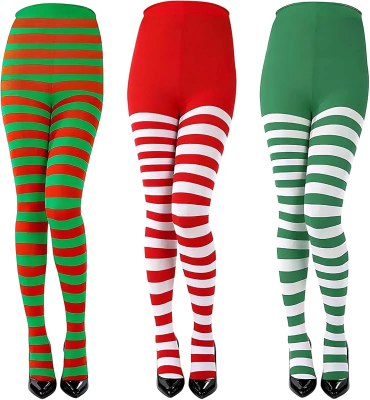 Marke: NUOGUAYI 3 Stück Rot Grün Gestreifte Strumpfhose Damen, Weihnachts Strumpfhose Gestreift, Ringelstrumpfhose Damen, Rot Grün Ringel Strumpfhosee für Weihnachten Karneval Halloween Faschings Maskenball — Weihnachtsmode
