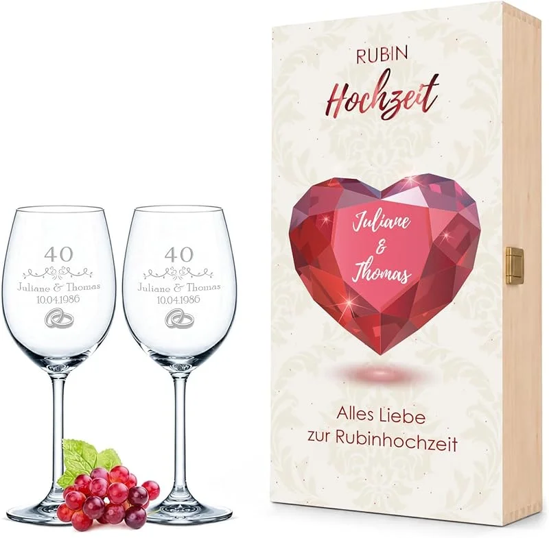 Besuche den GRAVURZEILE-Store GRAVURZEILE Rotweingläser mit Gravur - Rubinhochzeit - inkl. Holzkiste — Wein und Festtafel