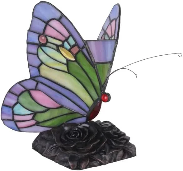 Marke: PALAZZO INT Tischlampe Tiffany Stil „Villa Tiffany“ – Jugendstil Leuchte mit Schmetterlingsmotiv & Rosenverzierung – Handgefertigter Glasschirm, Bronze-Optik Sockel – romantische Nachttischlampe H 21 cm — Kerzenlicht Abendessen