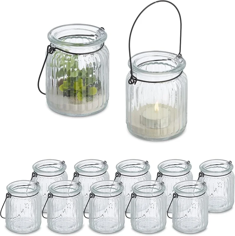 Besuche den Relaxdays-Store Relaxdays Windlicht, 12er Set, Glas mit Henkel, innen & außen, 9, 5 x 8 cm, Hochzeit Teelichthalter, transparent, schwarz — Kerzenlicht Abendessen