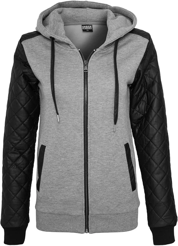 Besuche den Urban Classics-Store Urban Classics Ladies Diamond Leather Imitation Sleeve Zip Hoody Frauen Kapuzenjacke grau, schwarz — Weihnachtsmode