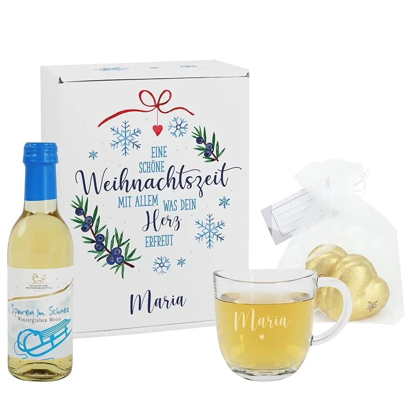 Besuche den Herz & Heim-Store Herz & Heim® Weihnachtliches Geschenkset mit Glühwein, graviertem Glas und Geschenkbox, personalisiert (Eine schöne Winterzeit) — Geschenkverpackung