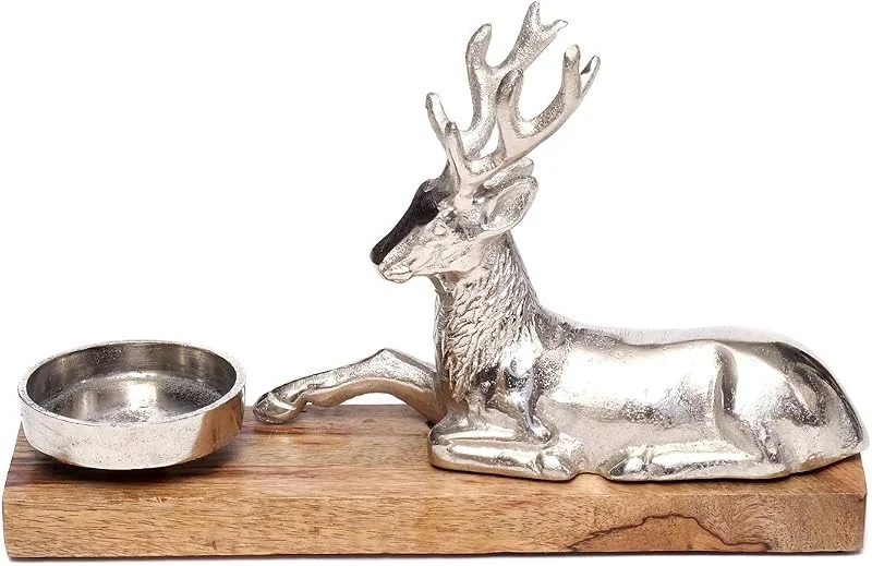 Besuche den Brillibrum-Store B- Ware Brillibrum Design Teelichthalter groß mit Hirschfigur Kerzenhalter auf Mangoholz REH aus Metall Kerzenständer für Teelicht mit liegenden Dekofigur Hirsch Silber Teelichthalter Holz — Kerzenlicht Abendessen