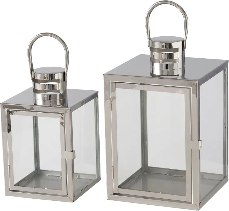Marke: BOLTZE BOLTZE Laterne Kiruna Set (2 TLG., Farbe Silber, aus Glas, Metall, L 14-18 cm, B 14-18 cm, H 24-29 cm, Form Quadrat, mit Henkel, Deko, Windlicht, Kerzenhalter) 2049901 — Kerzenlicht Abendessen