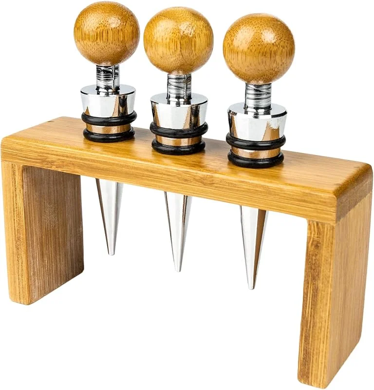 Besuche den Grunwerg-Store Grunwerg Aperiti 3er Set Weinverschlüsse & Stand aus Bambus — Wein und Festtafel