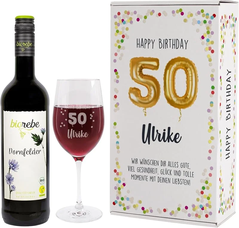 Besuche den Herz & Heim-Store Herz & Heim® Geburtstagsset mit Biorebe Bio-Wein und graviertem Leonardo Weinglas in Geschenkverpackung Rot, 50. Geburtstag — Wein und Festtafel