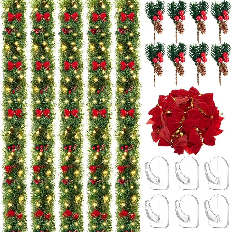 Marke: Lyrow Lyrow 5 Sets 5 m lange Weihnachtsgirlande mit 50 LED-Lichtern, rote Schleife, Tannenzapfen, Ornamente und Lichthaken, künstliche Tannengirlande, Urlaubsdekoration für künstliche grüne Kamine — Weihnachtsdeko