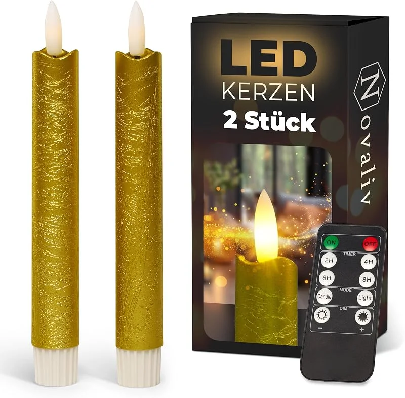 Besuche den Novaliv-Store Stabkerzen LED mit Timer GOLD 2er indoor mit Timer Funktion 6 Stunden ECHTWACHS 18cm Höhe für Kerzen 2, 2cm Durchmesser 2 AAA Batterien notwendig LED Stabkerzen flackernde Flamme bewegliche Flamme — Advent und Tisch