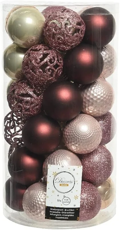 Marke: Decoris Weihnachtskugeln Kunststoff 6cm x 37 Stück Ornamente Mix Christbaumkugeln Set rosa pink Champagner — Weihnachtsdeko
