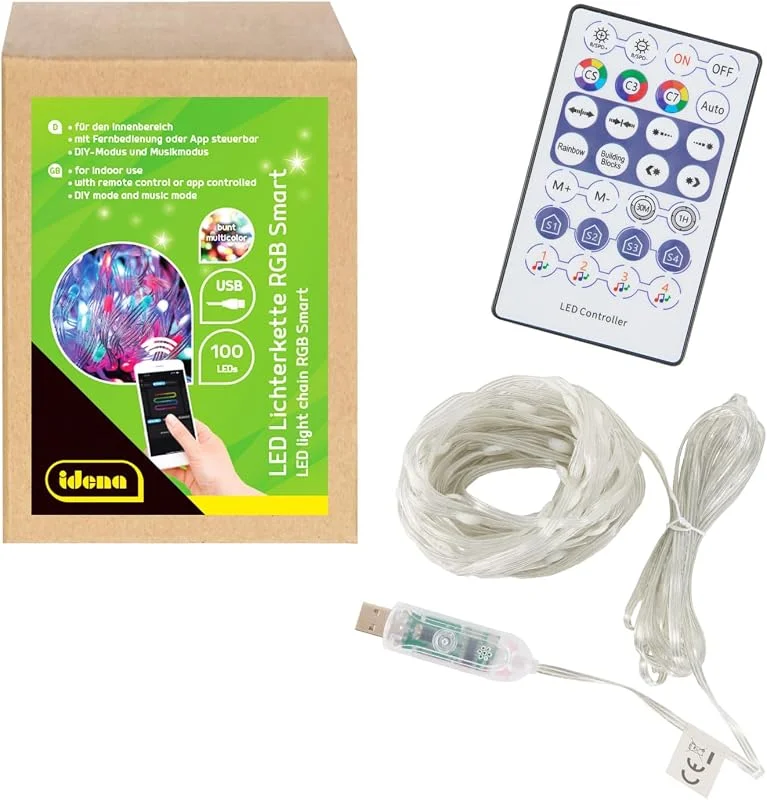 Besuche den Idena-Store Idena 30521 - LED Micro Lichterkette mit 100 RGB LED in bunt, ca. 12, 9 m lang, LED Strip mit 12 Lichtfunktionen & Musik Sync, USB-betrieben, mit Timer, Fernbedienung & Bluetooth — Weihnachtsbeleuchtung