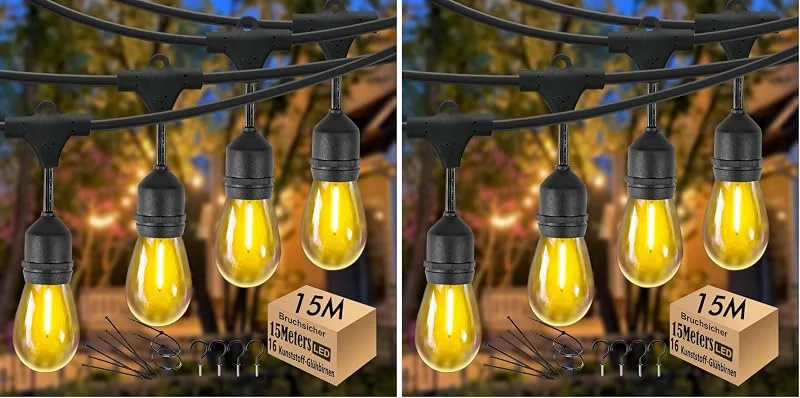 Besuche den Skeerei-Store 15M LED Lichterkette Außen, garten Lichterkette Wasserdicht IP65 mit 15+1 E27 LED-Lampen 2700K Warmweiß für GartenTerrasse Hochzeiten [Energieklasse G] (Packung mit 2) — Weihnachtsbeleuchtung