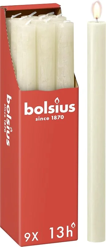 Besuche den bolsius-Store Bolsius - Rustik Stabkerzen - Elfenbein - 9 Stück - 27 x 2.3 cm - Länge Brenndauer 13 Stunden - Unparfümierte - Enthält Natürliches Pflanzenwachs - Ohne Palmöl — Kerzenlicht Abendessen