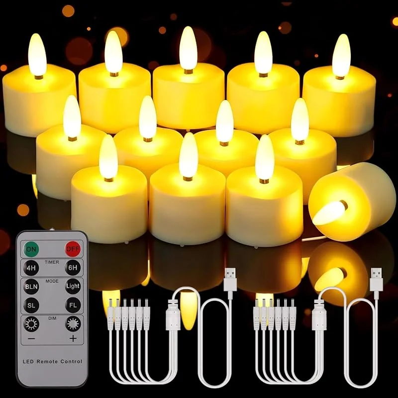 Besuche den Porashine-Store Wiederaufladbare Teelichter 12 Stück LED Kerzen Flackernd warmweiß, RGB mit Fernbedienung Timer USB Kabel 3D flammenlose für Zuhause Zimmer Tisch Halloween Weihnachten — Kerzenlicht Abendessen