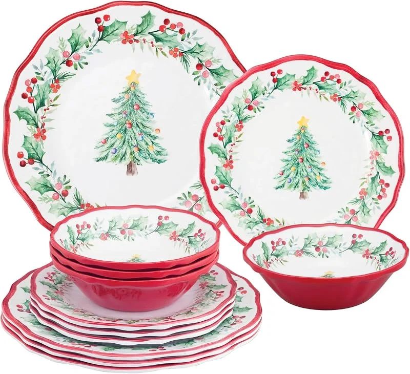 Marke: UP UP ware 12-teiliges Geschirrset aus Melamin, Weihnachtsbaum-Geschirr-Set, Teller und Schüsseln, Weihnachtsdekoration, Service für 4 Personen, Rot — Advent und Tisch